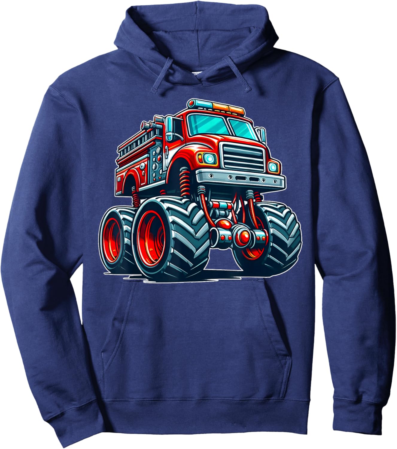Big Wheels Fire Truck Firefighter Kids Boys Monster Truck Hoodie - Hoodie | Navy