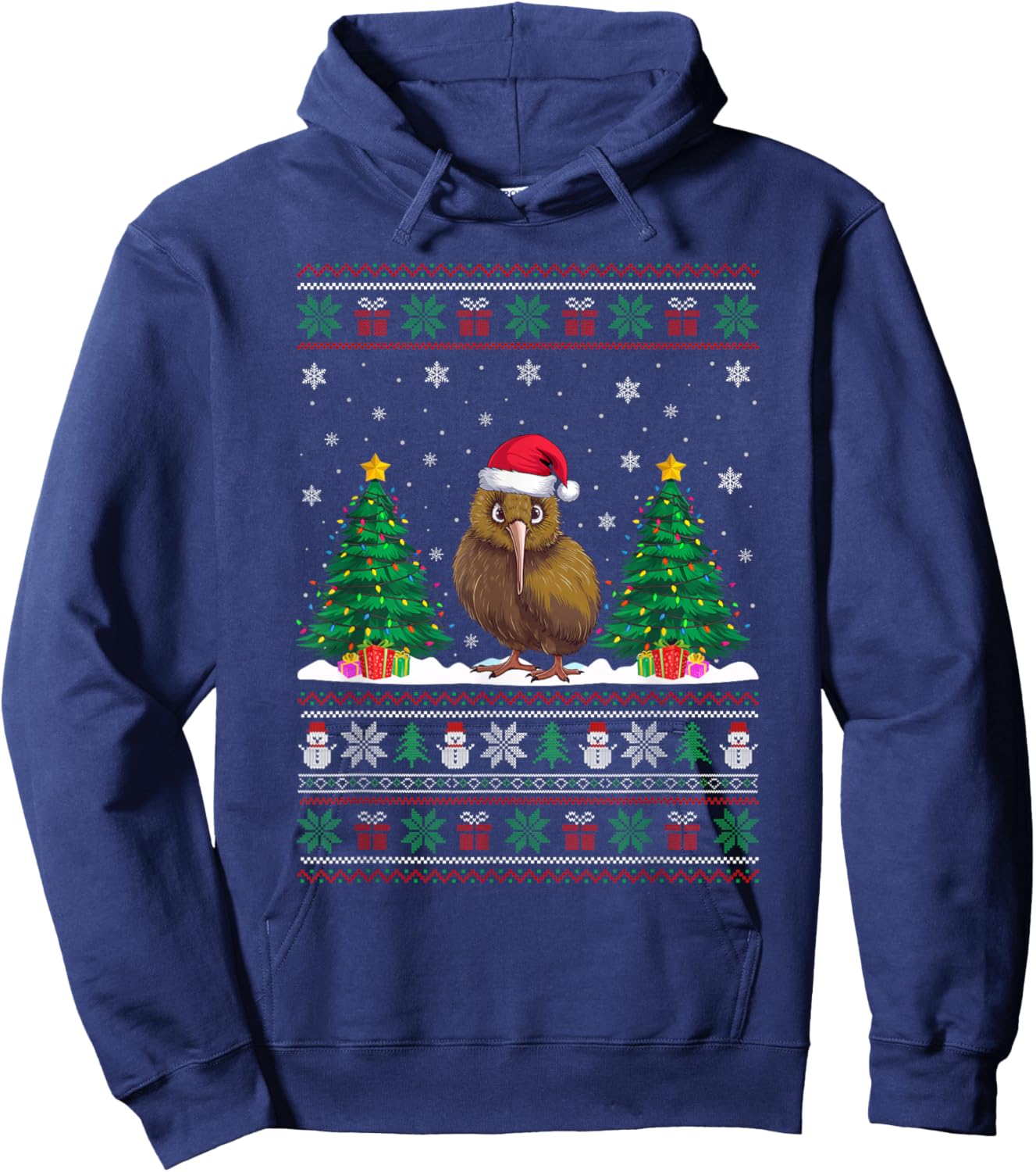 Santa Hat Kiwi Bird Christmas Tree Lights Ugly Sweater Hoodie - Hoodie | Navy