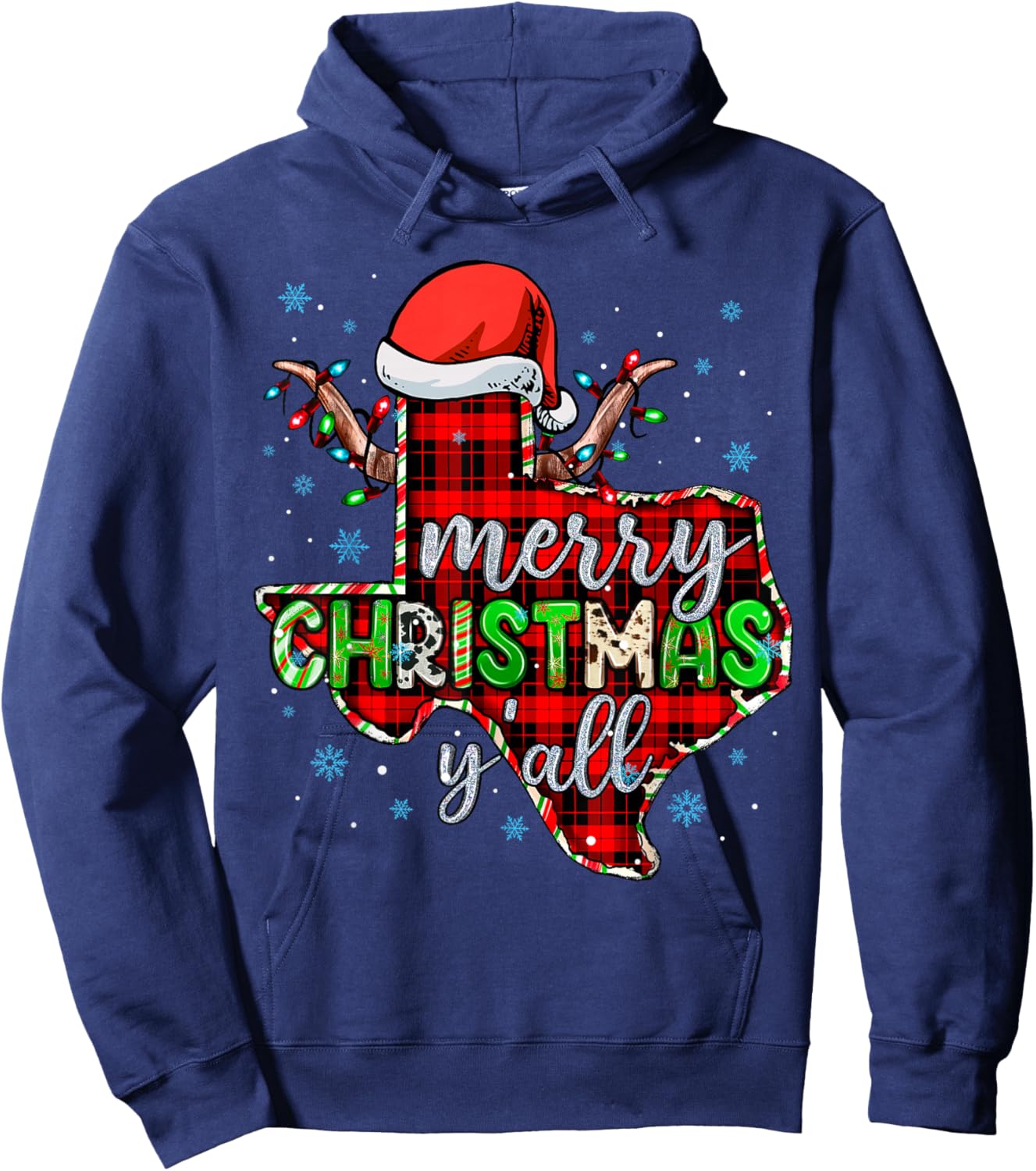 Funny Merry Christmas Y'all Texas State Red Plaid Santa Hat Hoodie - Hoodie | Navy