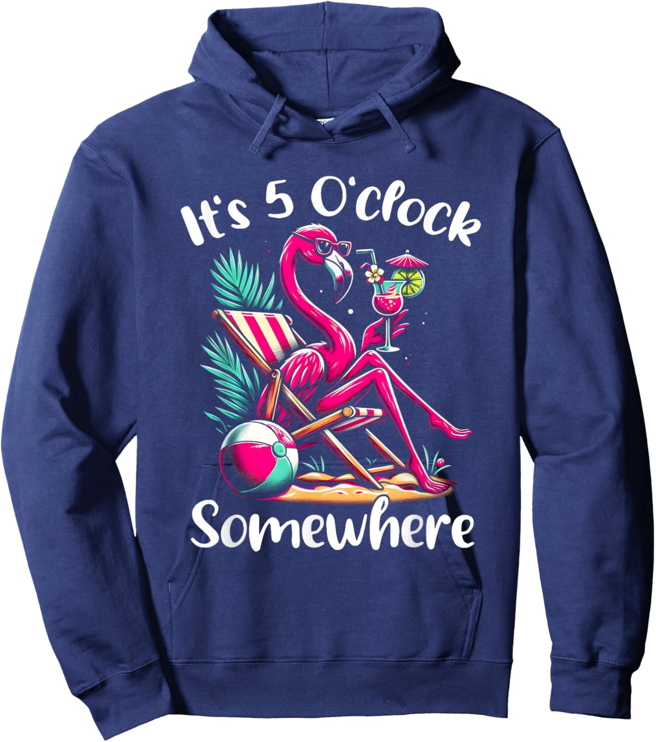 It's 5 O'clock Somewhere Flamingo Drinking Beach Vacation Hoodie - Hoodie | Navy