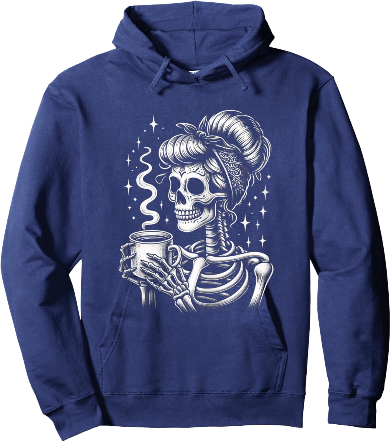 Halloween Skeleton Messy Bun Coffee Funny Costume Mom Women Hoodie - Hoodie | Navy
