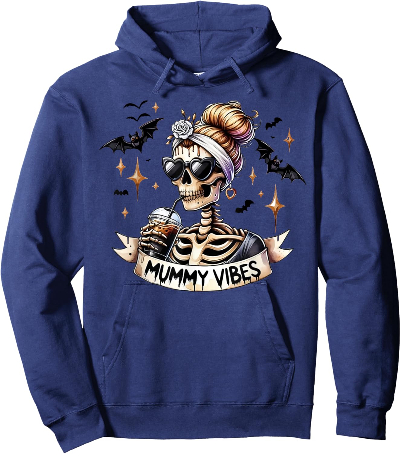 Mummy Vibes Skeleton Coffee Mom Spooky Season Halloween Hoodie - Hoodie | Navy