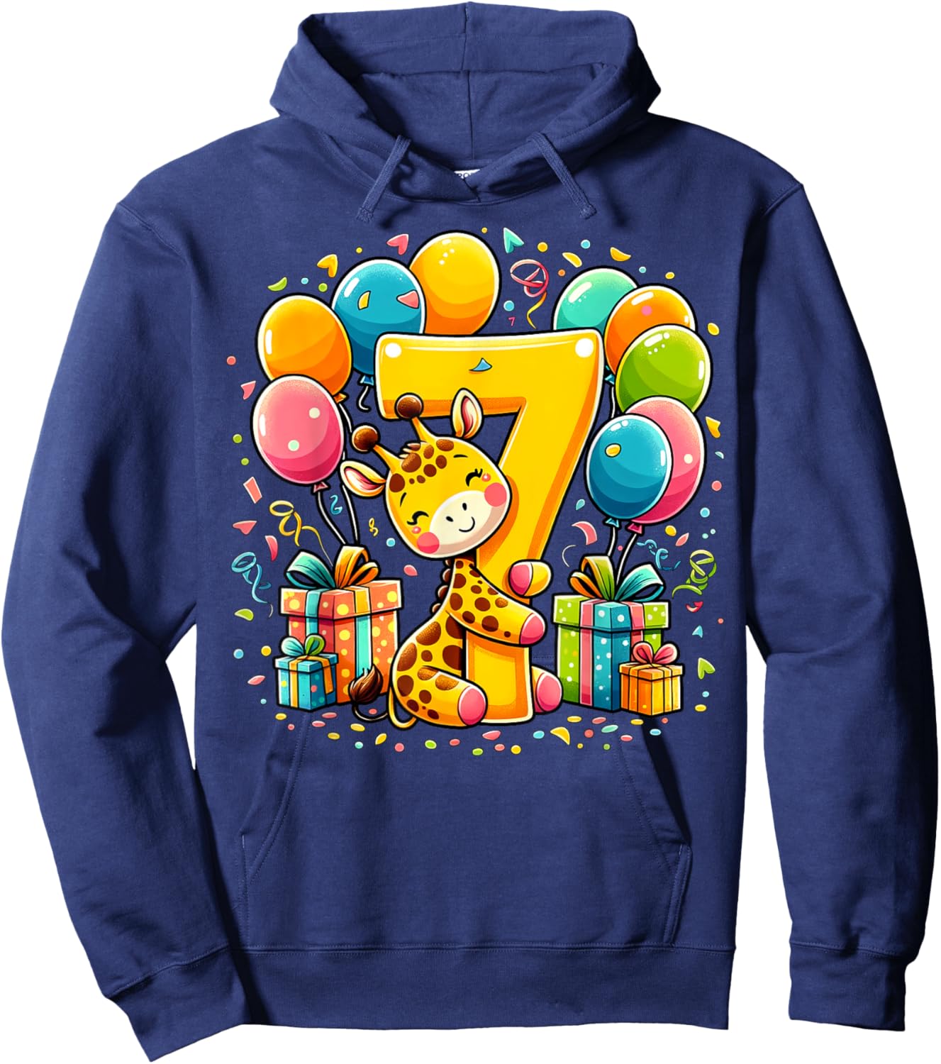 Giraffe 7th birthday boy girl 7 years seventh seven Giraffe Hoodie - Hoodie | Navy