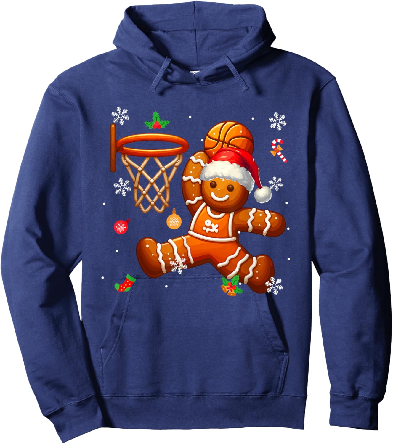 Gingerbread Playing Basketball Christmas Player Kids Family Hoodie - Hoodie | Navy