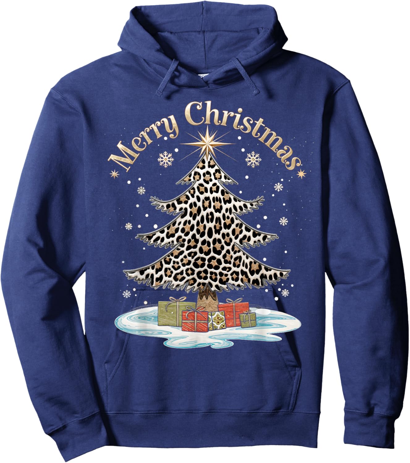 Merry Christmas Leopard Plaid Tree Snowflake Xmas Hoodie - Hoodie | Navy