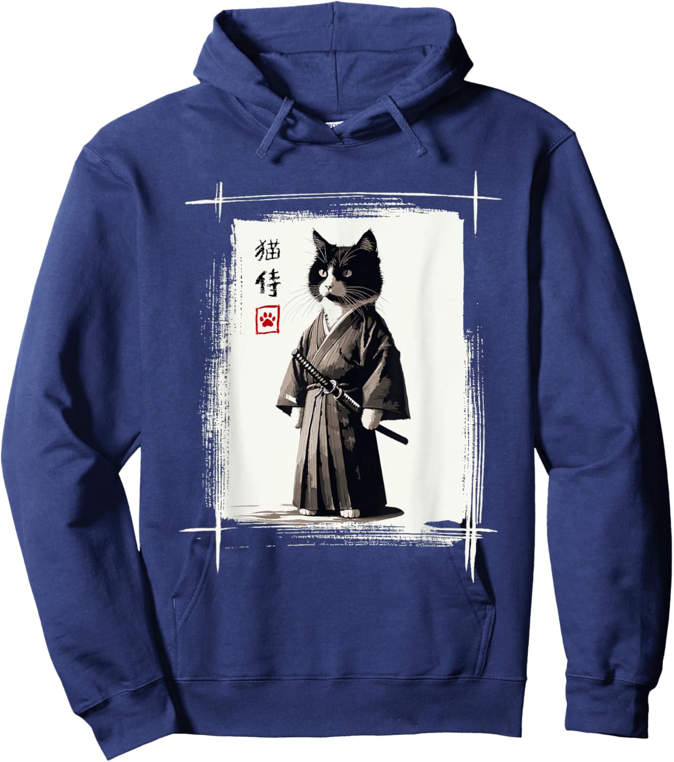 Samurai Cat Japanese Art Sumi-e Novelty Kawaii Funny Cat Hoodie - Hoodie | Navy
