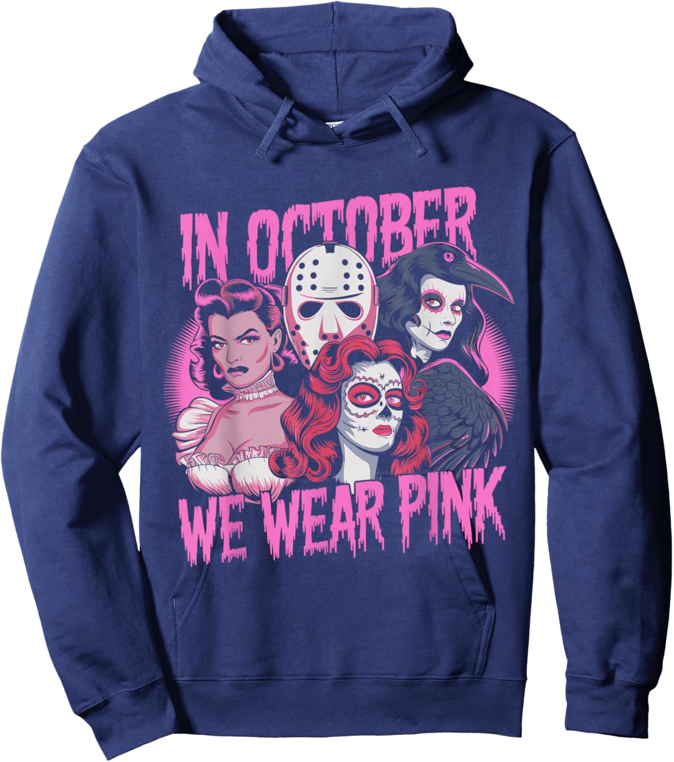 In October We Wear Pink Horror Breast Cancer Awareness Hoodie - Hoodie | Navy