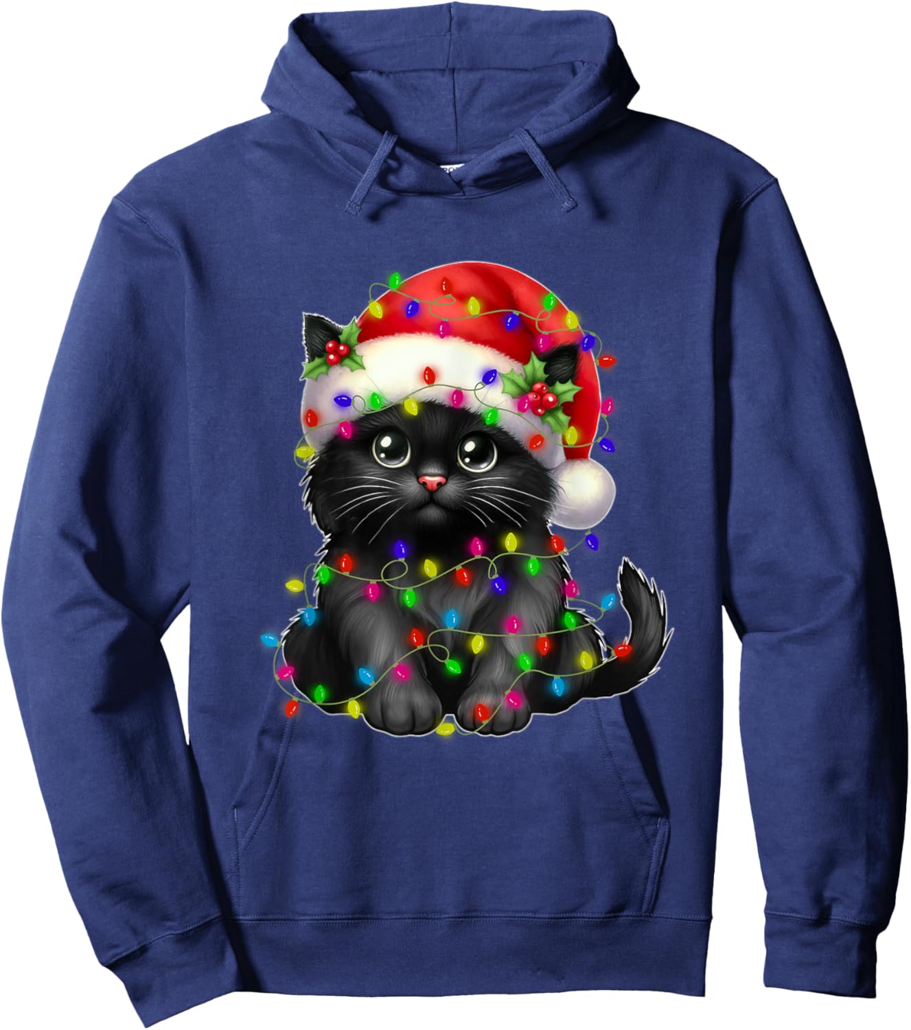 Black Cat Christmas Light Santa Hat Xmas Christmas Cat Lover Men Women Kids Hoodie - Hoodie | Navy