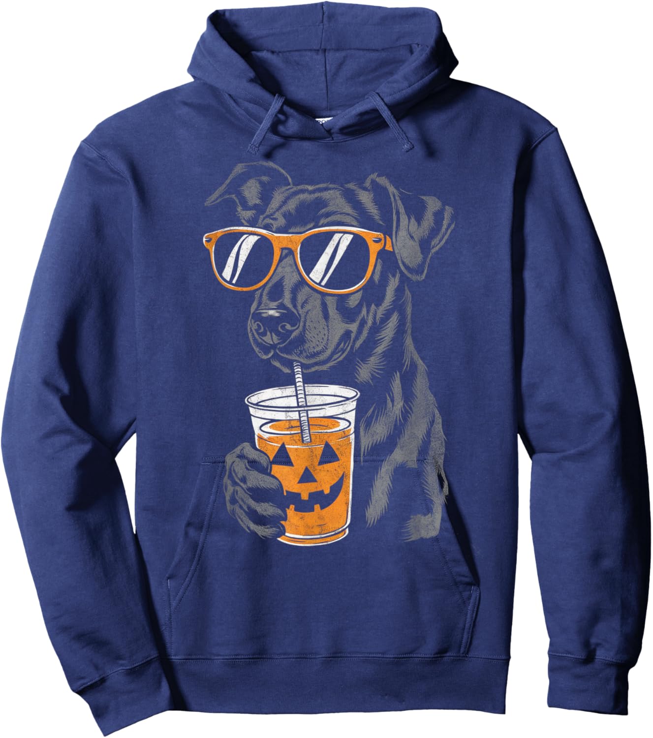 Black Dog with Pumpkin Drink Sunglasses Halloween Men Women Kids Hoodie - Hoodie | Navy