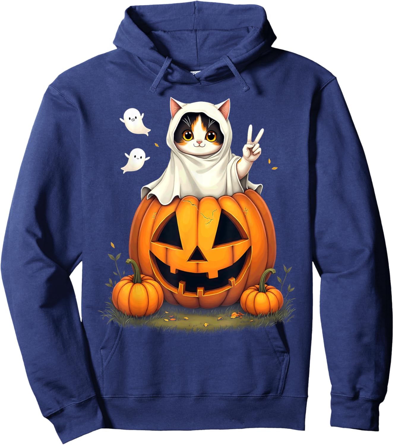 Pumpkin Boo Ghost Calico Cat Halloween Costume Women Kids Hoodie - Hoodie | Navy