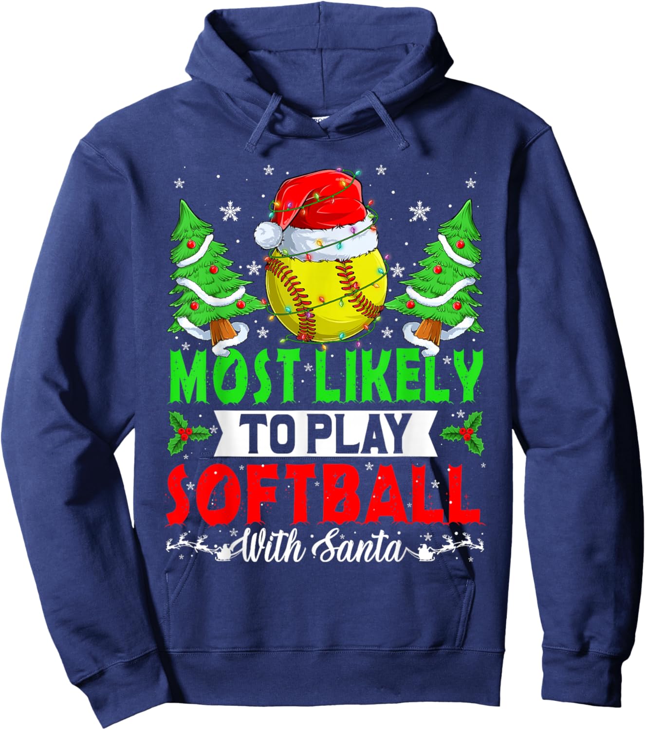 Funny Most Likely To Play Softball With Santa Christmas PJS Hoodie - Hoodie | Navy