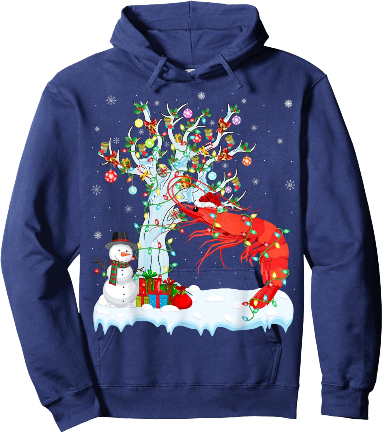 Shrimp Fish Xmas Lighting Tree Santa Hat Shrimp Christmas Hoodie - Hoodie | Navy
