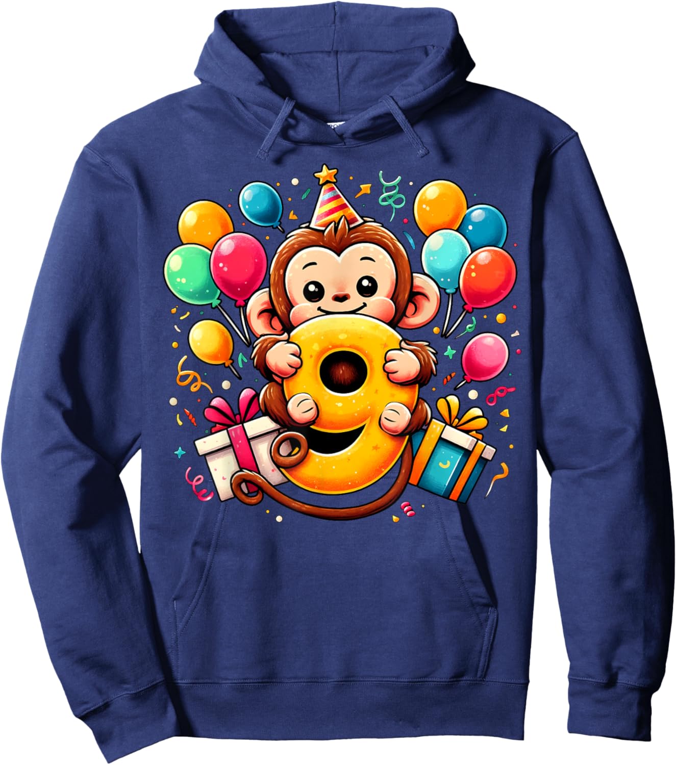 Monkey 9th birthday boy girl 9 years old ninth nine Monkey Hoodie - Hoodie | Navy