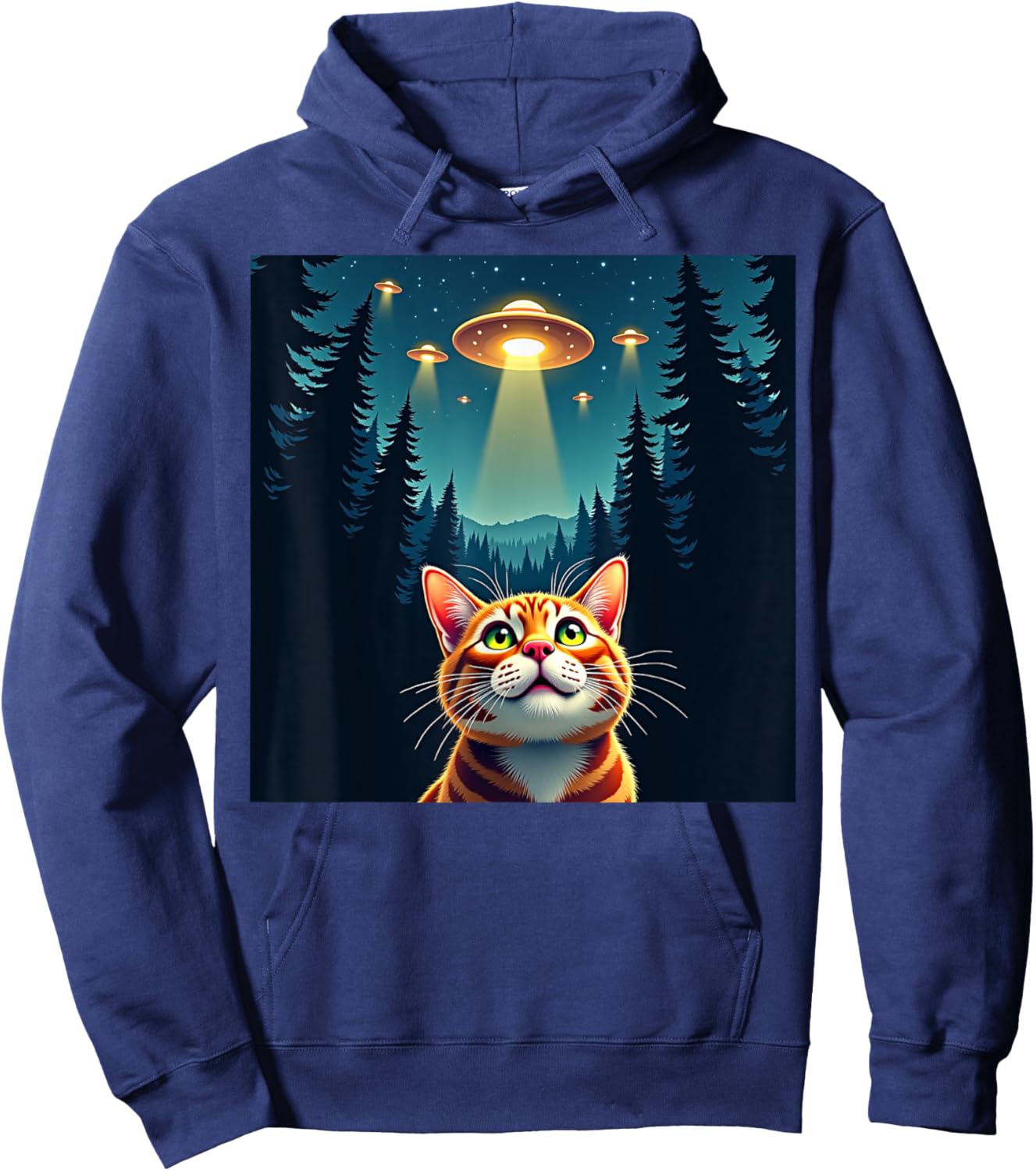 Cute Cat Selfie With UFO Invasion Alien Spaceship Hoodie - Hoodie | Navy
