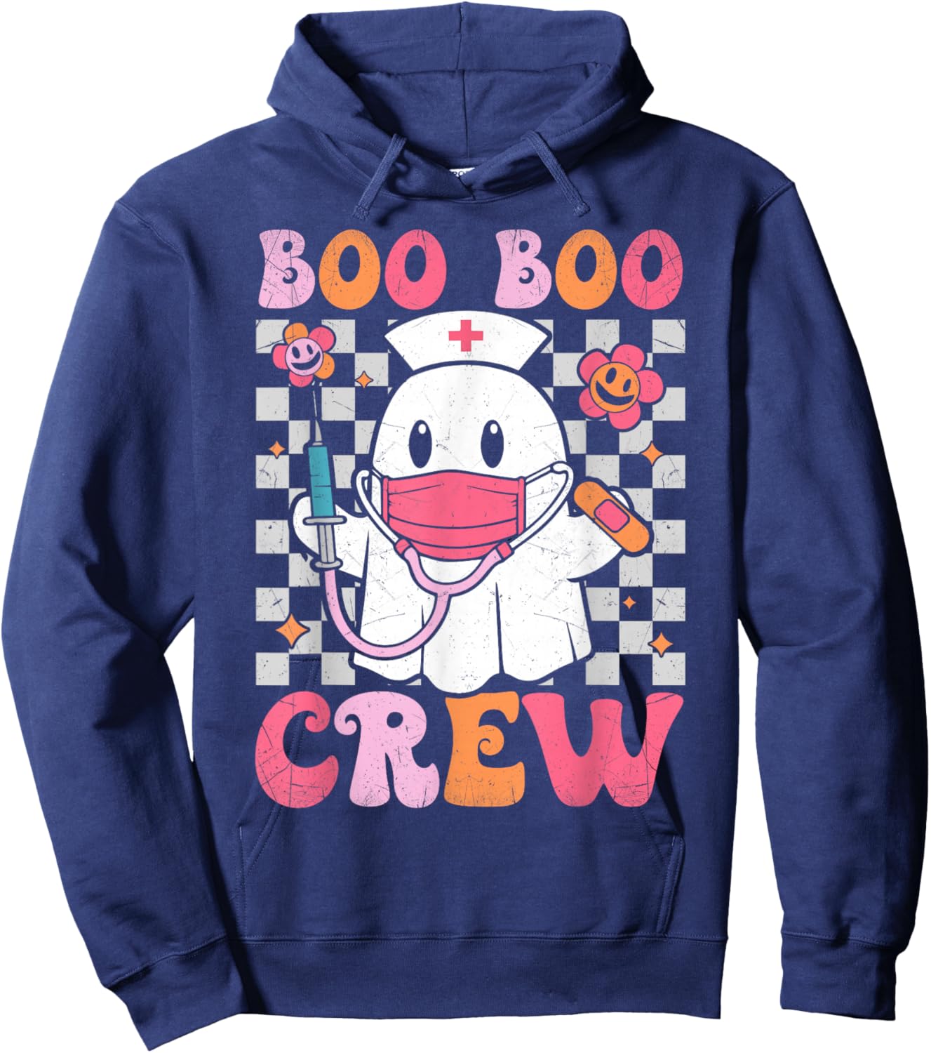 Boo Boo Crew Halloween Ghost Nurse Cute Boo Nursing Groovy Hoodie - Hoodie | Navy