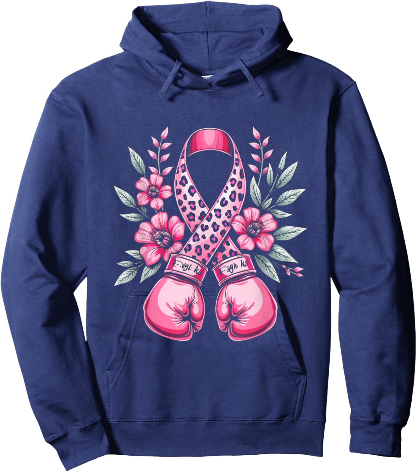 Pink Ribbon Leopard Print Boxing Gloves Breast Cancer Design Hoodie - Hoodie | Navy