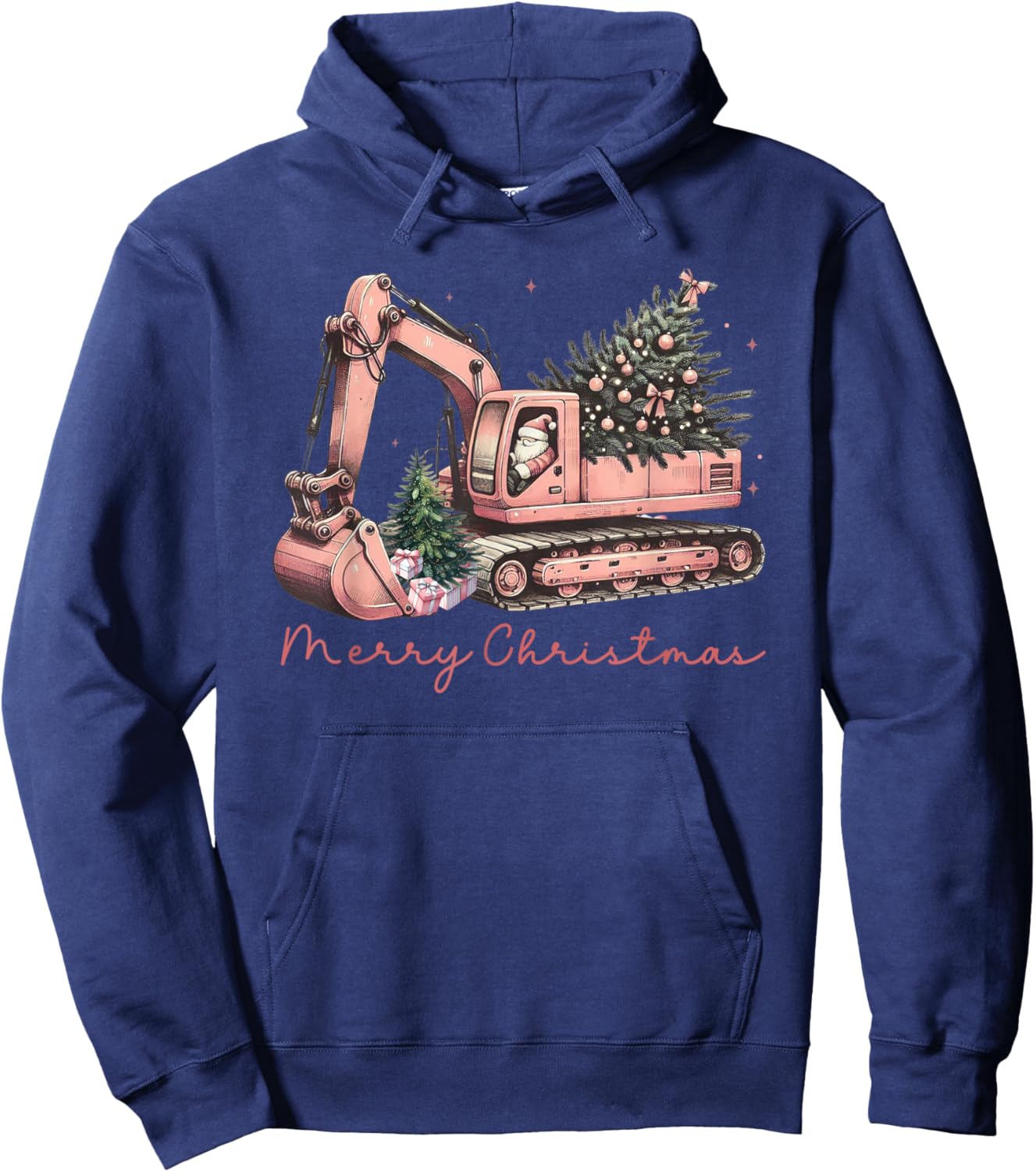 Merry Christmas Construction Excavator Christmas Tree Light Hoodie - Hoodie | Navy