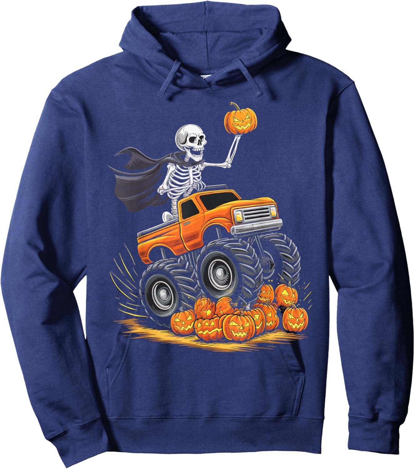 Skeleton Riding Monster Truck Halloween Pumpkin Kids Toddler Hoodie - Hoodie | Navy