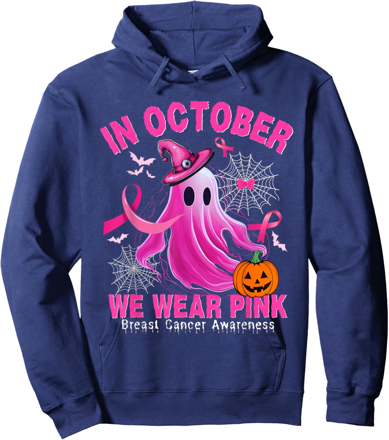 In October We Wear Pink Ghost Breast Cancer Shirts Hoodie - Hoodie | Navy