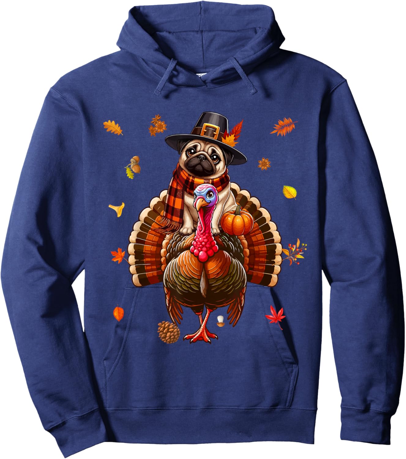 Pug Riding Turkey Thanksgiving Fall Leaves Owner Kids Hoodie - Hoodie | Navy