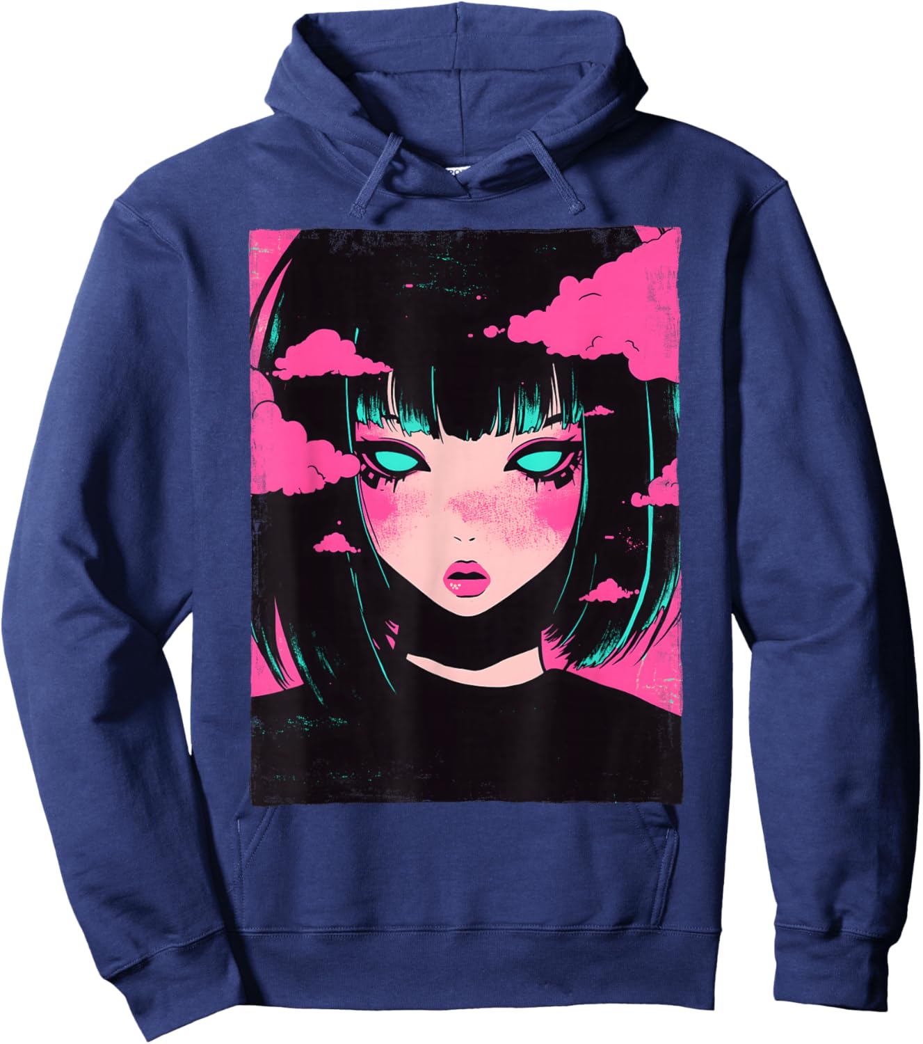 Distressed Anime Girl Vaporwave Pastel Goth E-Girl Grunge Hoodie - Hoodie | Navy