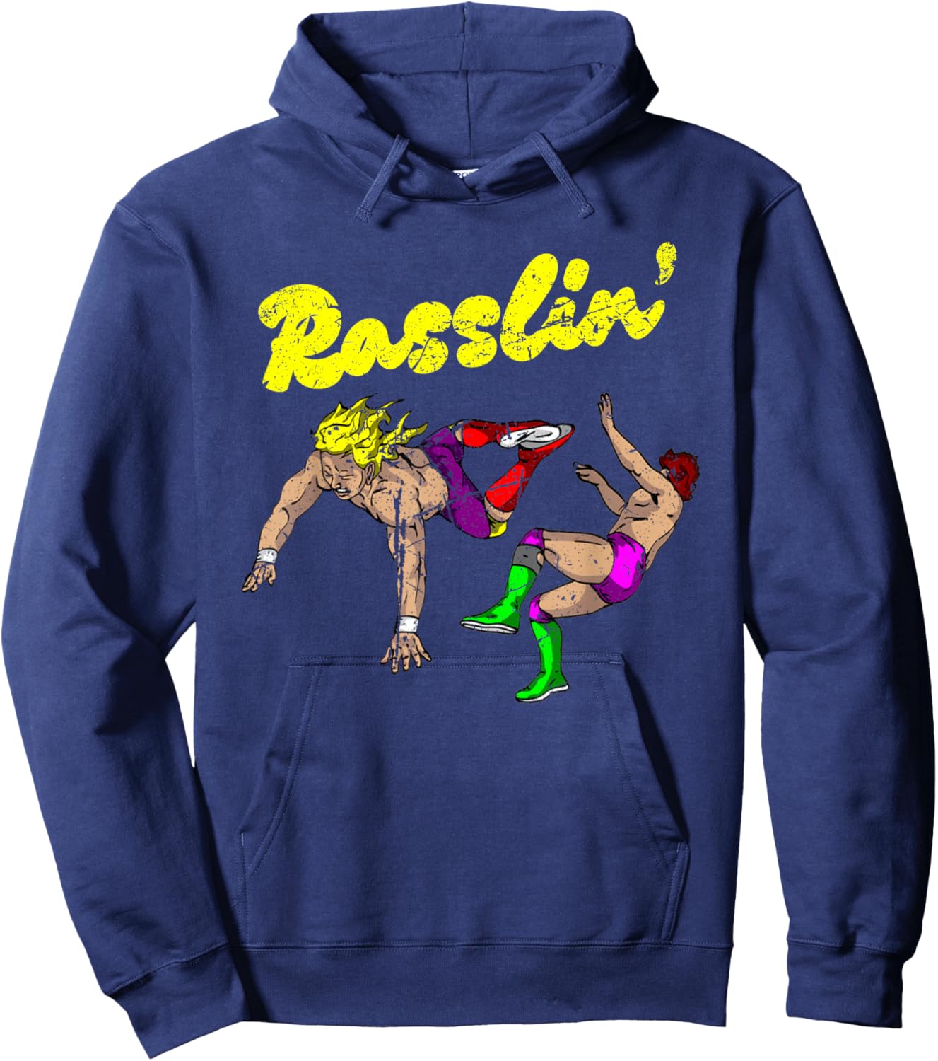 Masked Designer Vintage Grunge Rasslin' Pro Wrestling Fan - Black - -Adults & Kids - Short Sleeve - - Wrestling Fan Hoodie - Hoodie | Navy