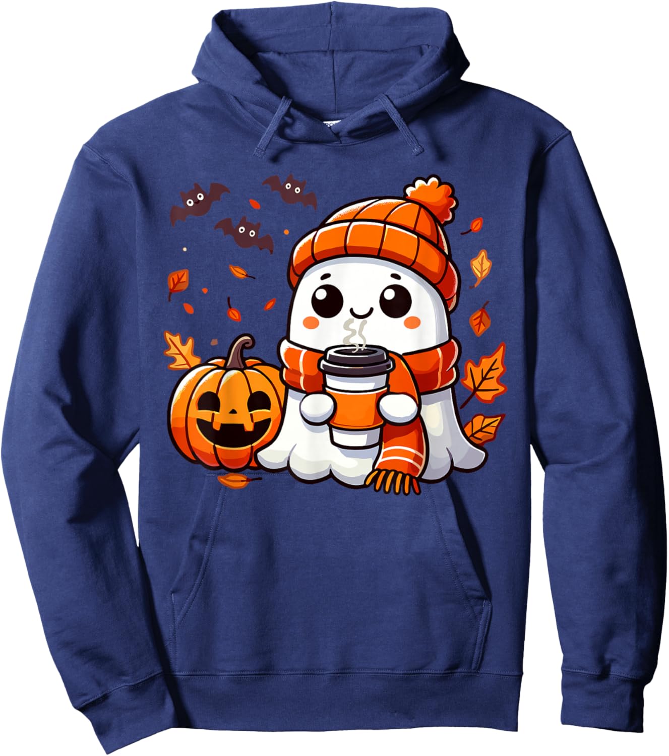 Cute Halloween Ghost Drinking Ice Coffee, Halloween Women Hoodie - Hoodie | Navy