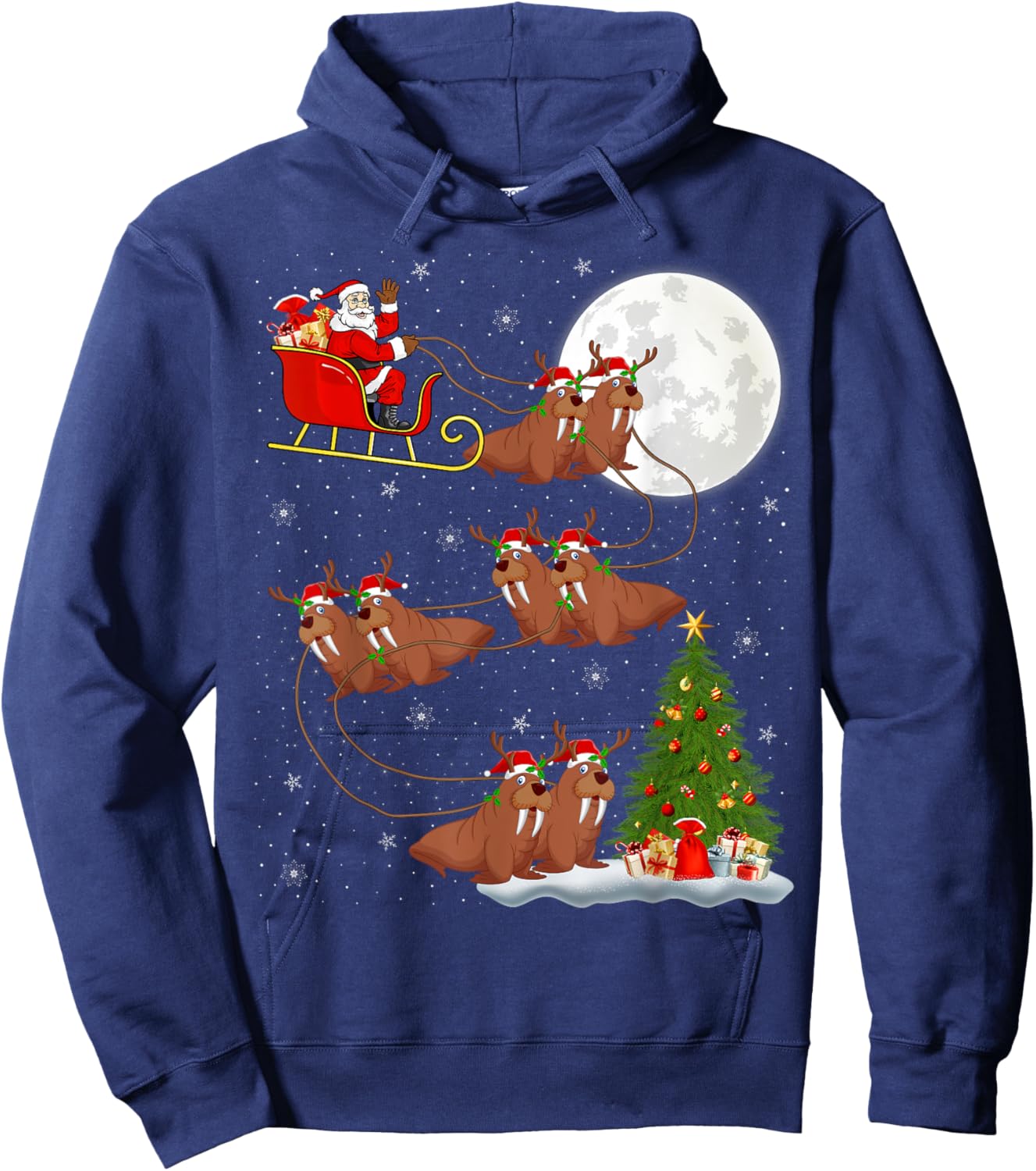 Xmas Tree Lights Funny Santa Riding Walrus Christmas Hoodie - Hoodie | Navy