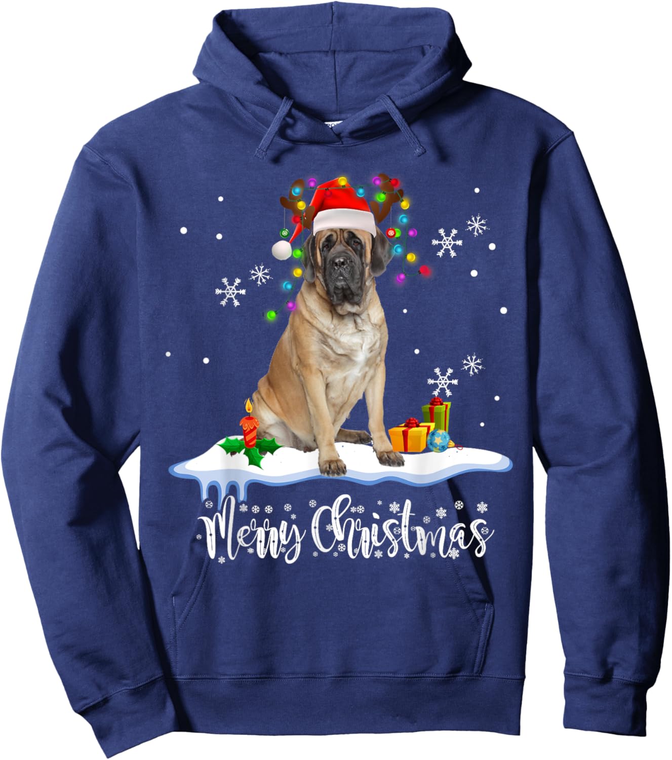 Christmas English Mastiff Reindeer Santa Hat Holiday Costume Hoodie - Hoodie | Navy