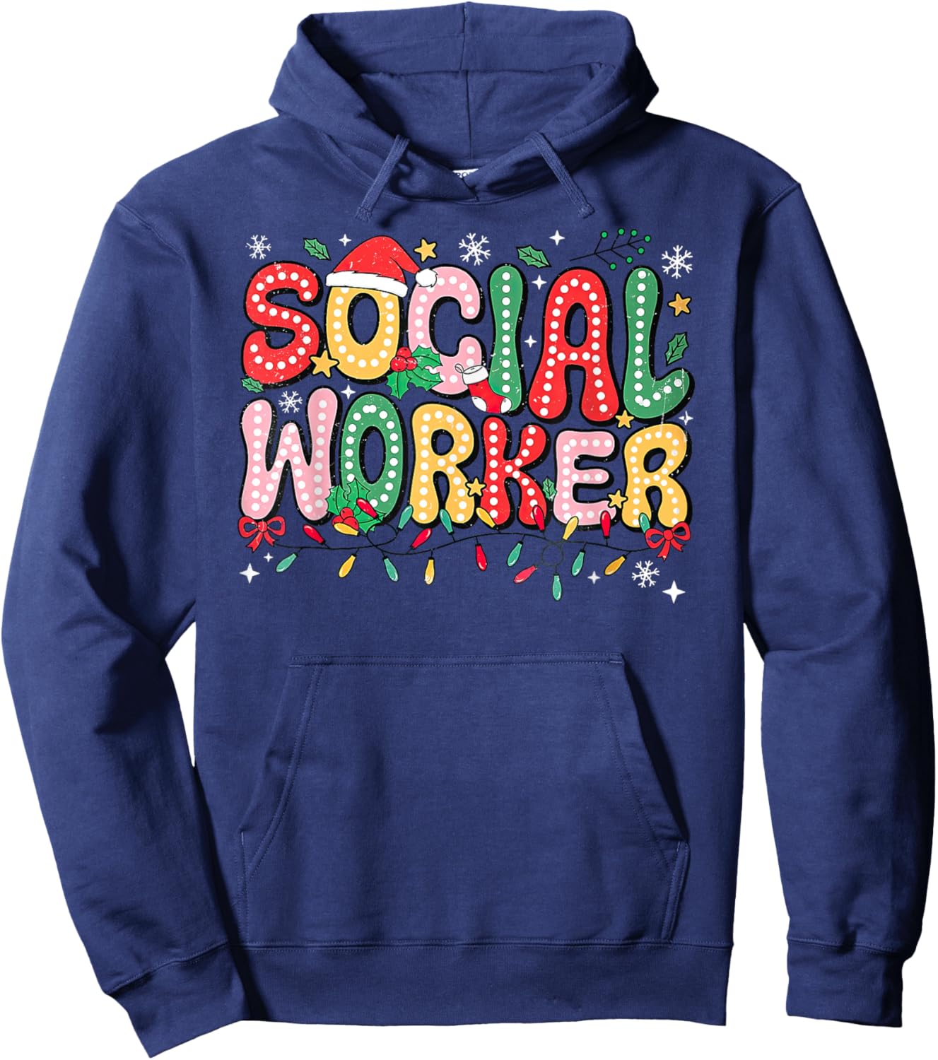 Retro Social Worker Santa Hat Christmas Lights Social Work Hoodie - Hoodie | Navy