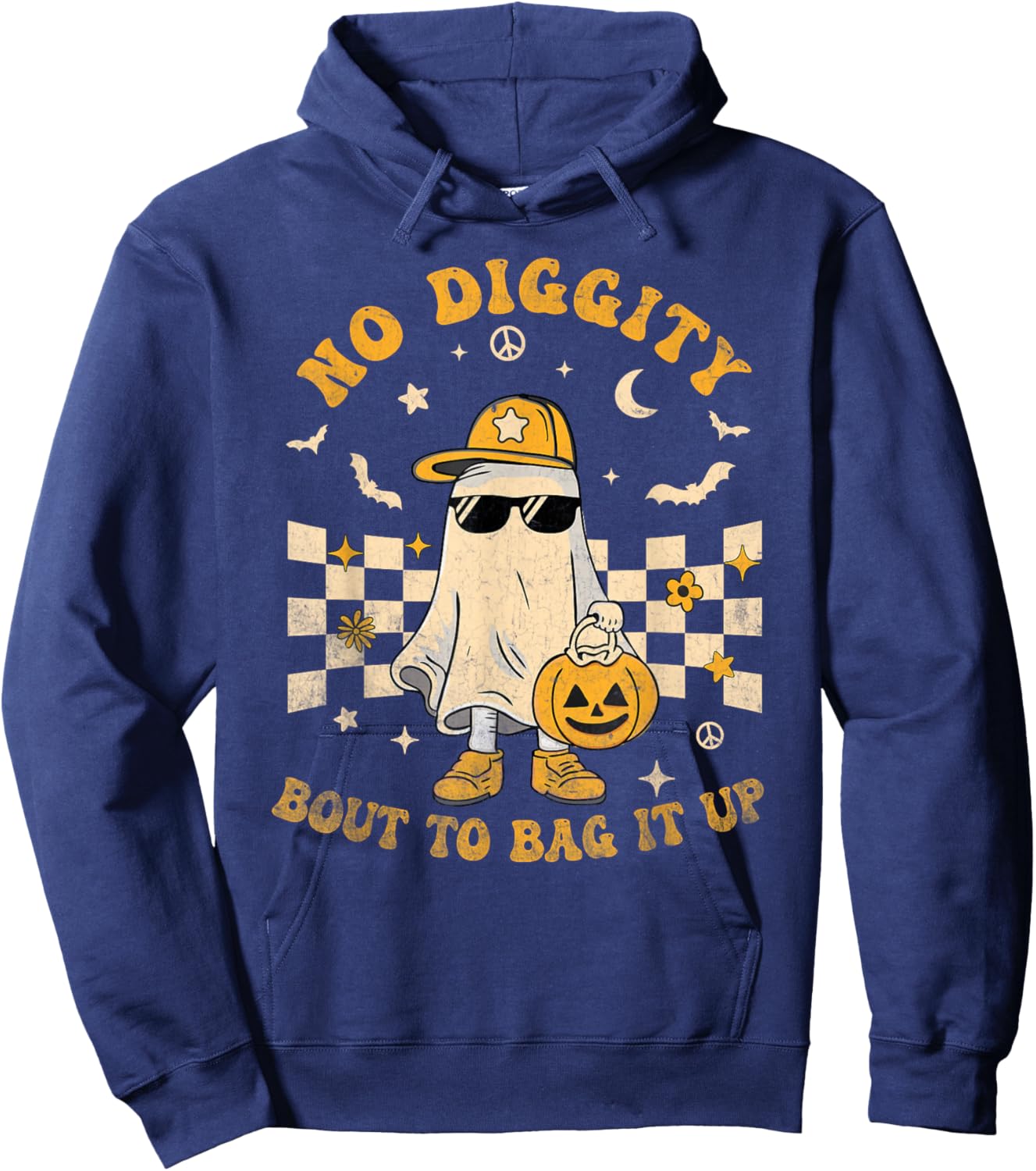 Retro Halloween Ghost No Diggity Bout to Bag it Up Kids Hoodie - Hoodie | Navy