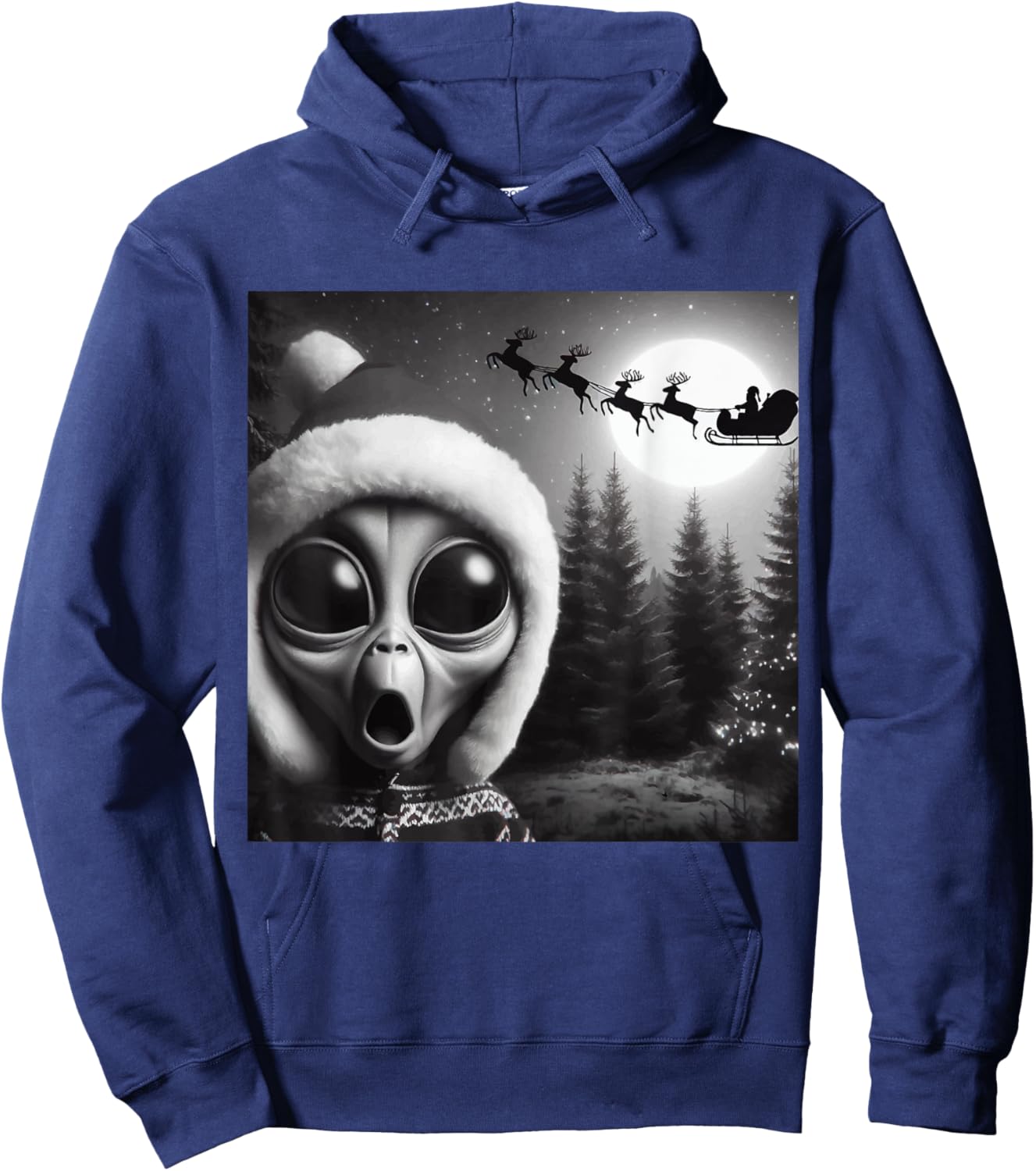 Christmas Alien Shocked by Santa’s Sleigh,Funny Holiday Xmas Hoodie - Hoodie | Navy