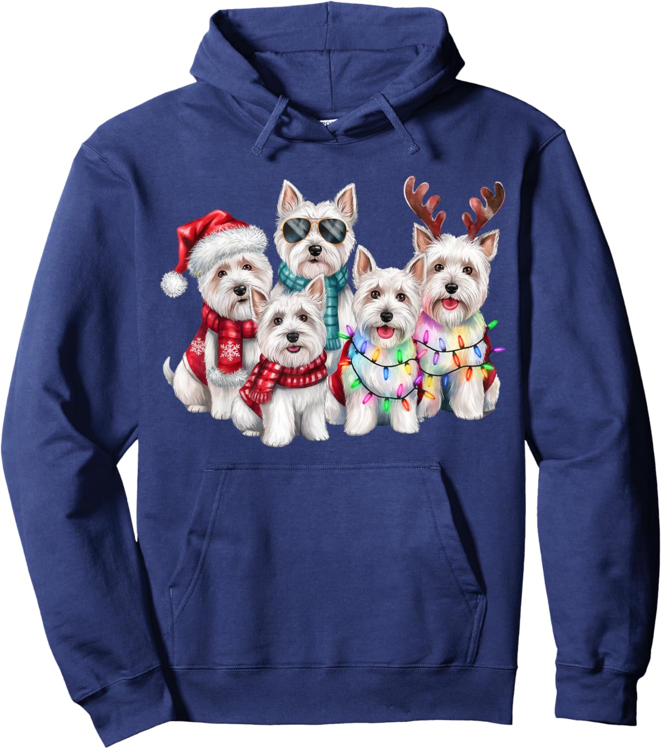 Westie Reindeer Christmas Lights Dog Lover Xmas Pajama Men Women Hoodie - Hoodie | Navy