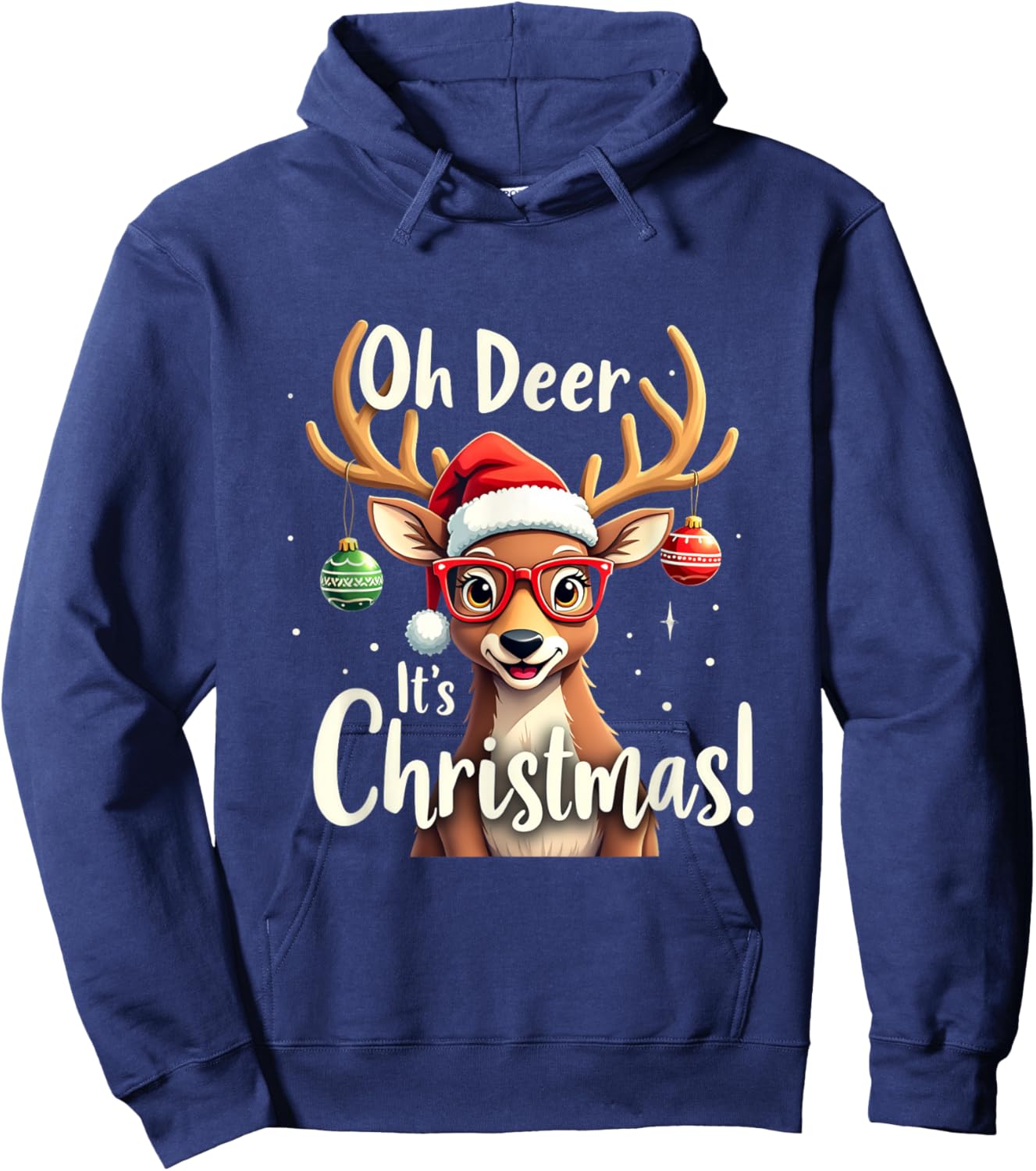 Oh Deer It's Christmas with Santa Hat and Glasses Hoodie - Hoodie | Navy