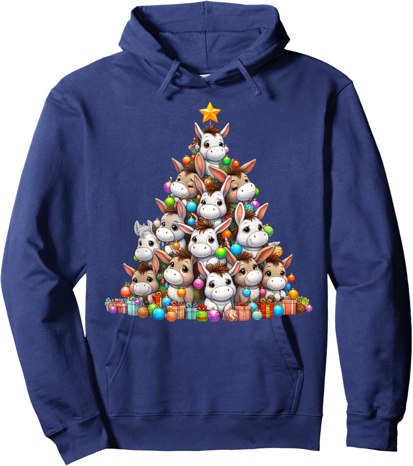 Cute Donkey Christmas Tree Kids Funny Hoodie - Hoodie | Navy