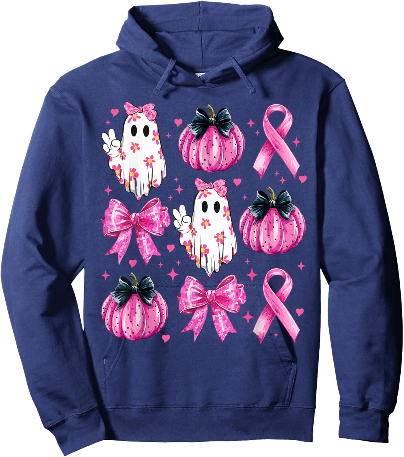 Retro Groovy Breast Cancer Ghost Coquette Halloween Pink Hoodie - Hoodie | Navy
