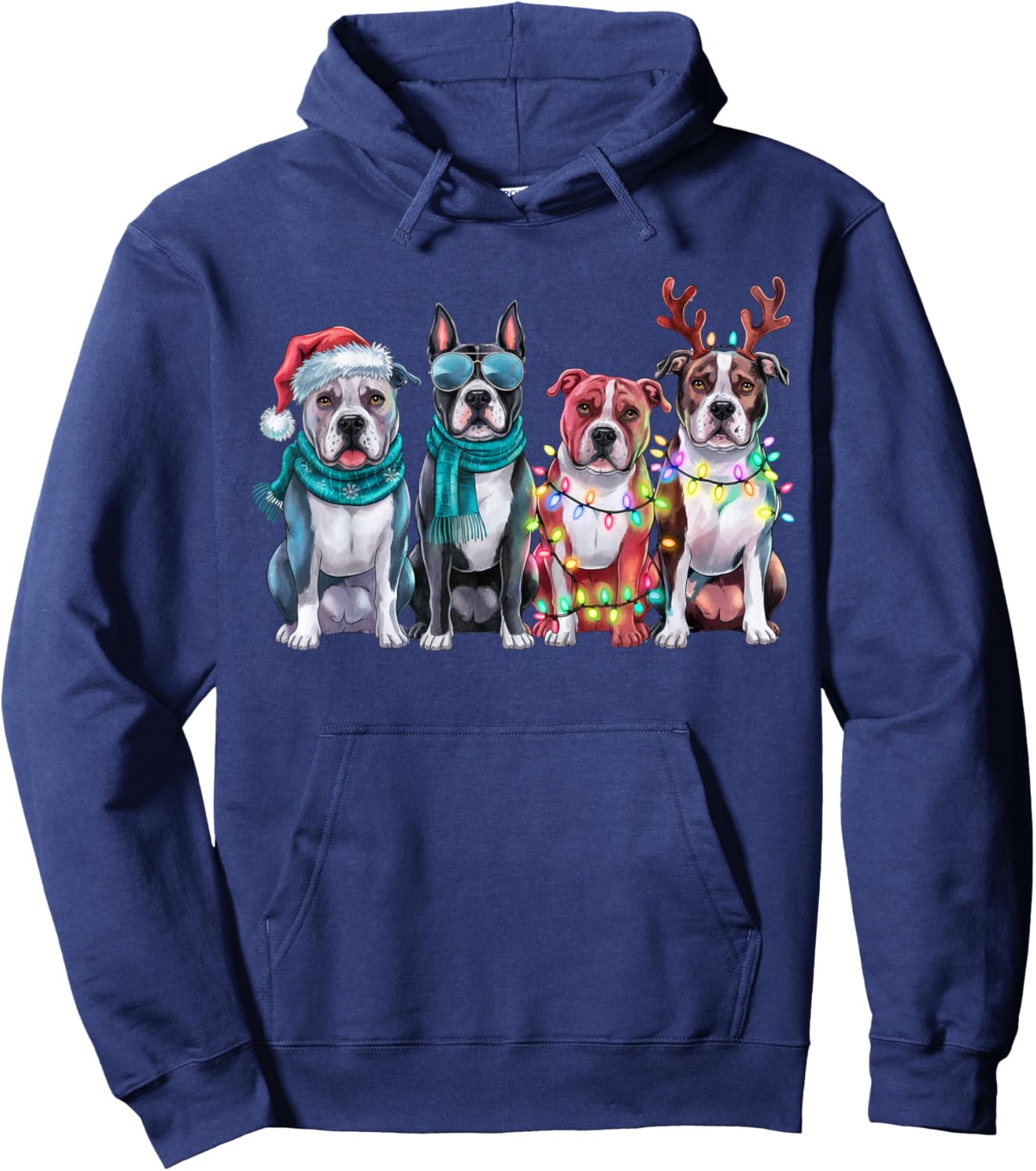 Pitbull Reindeer Christmas Lights Dog Lover Xmas Pajama Hoodie - Hoodie | Navy