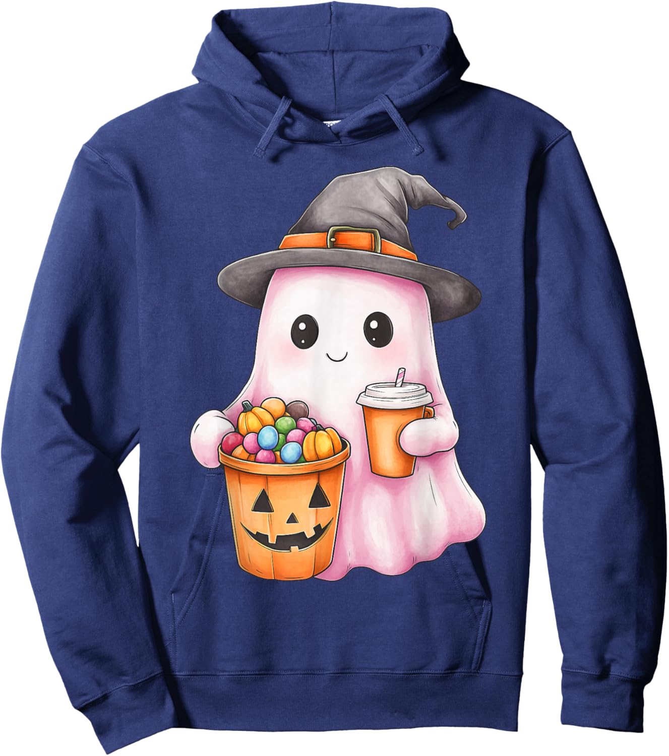 Cute Ghost Boo Coffee Pumpkin Hat Colorful candies Halloween Hoodie - Hoodie | Navy