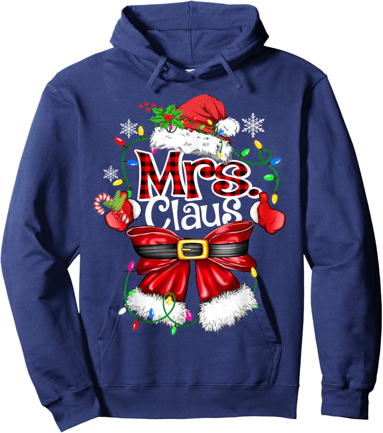 Mr and Mrs Claus Couples Santa Christmas Lights Pajamas Hoodie - Hoodie | Navy