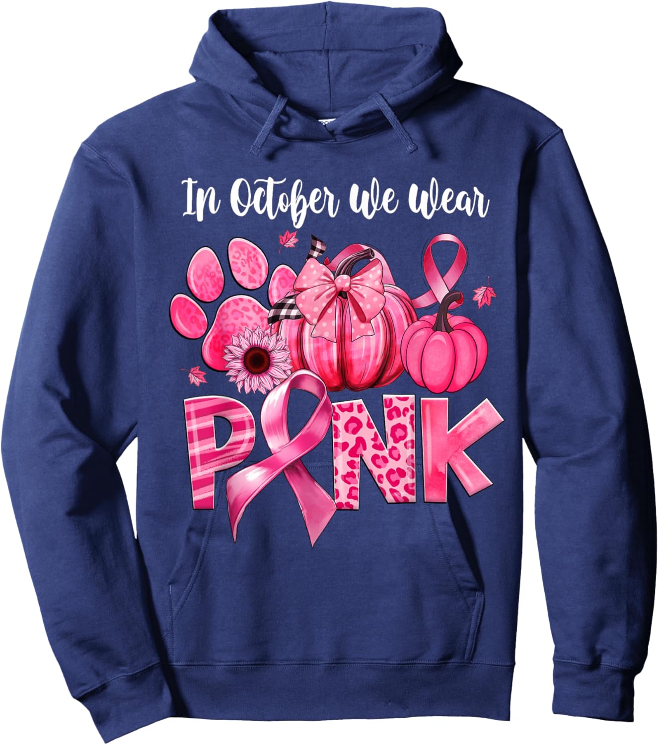 In October We Wear Pink Dog Paw Pumpkin Breast Cancer Hoodie - Hoodie | Navy