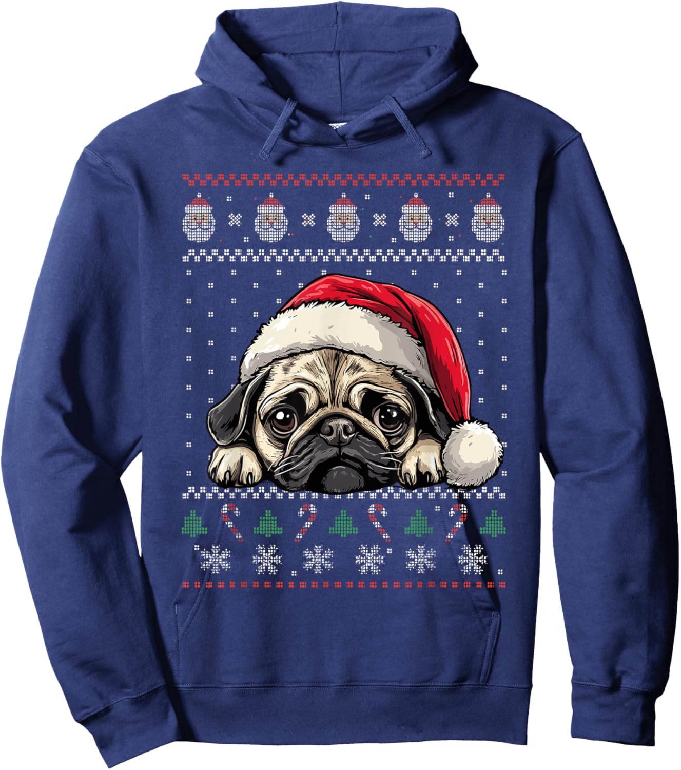 Ugly Christmas Sweater Pug Santa Hat Dog Lover Art Hoodie - Hoodie | Navy