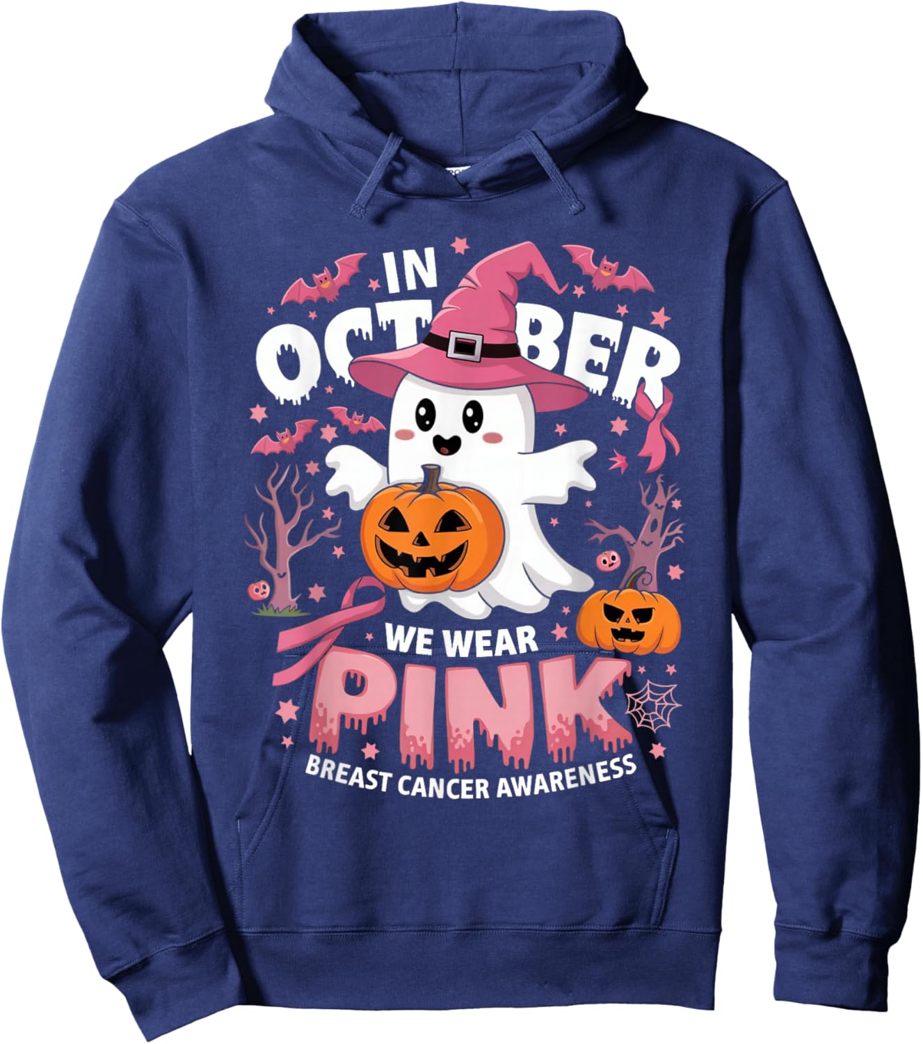 In October We Wear Pink Halloween Breast Cancer Hoodie - Hoodie | Navy