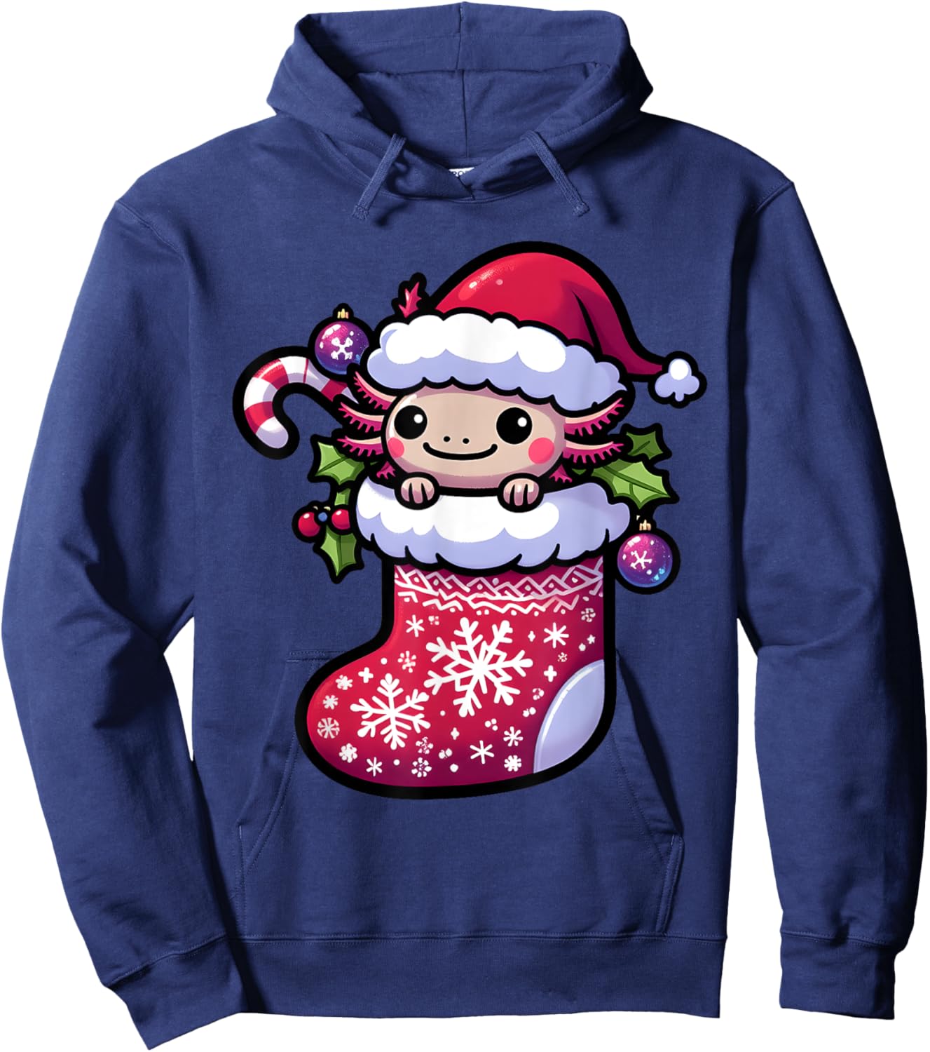 Cute Christmas Candy Cane Santa Axolotl in Xmas Stocking Hoodie - Hoodie | Navy