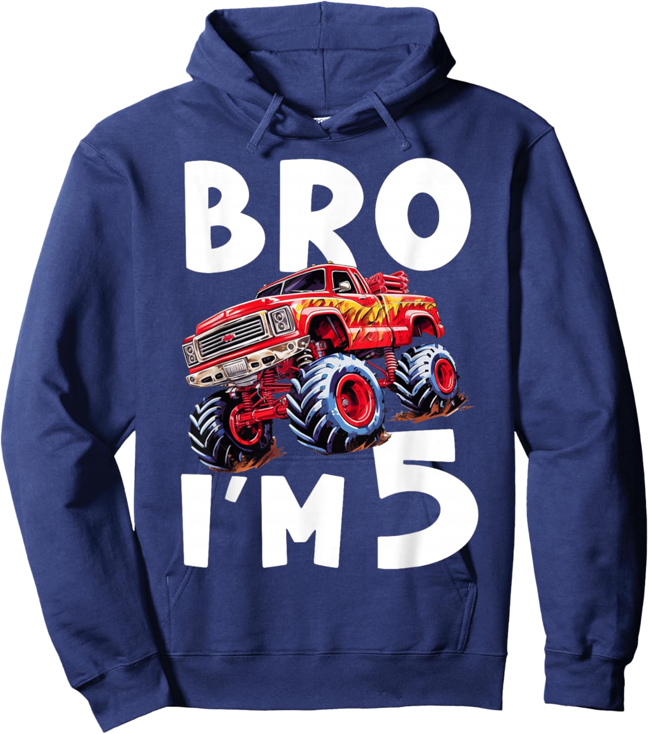 5th Birthday Boy Bro I’m 5 Year Old Monster Trucks Five Bday Hoodie - Hoodie | Navy