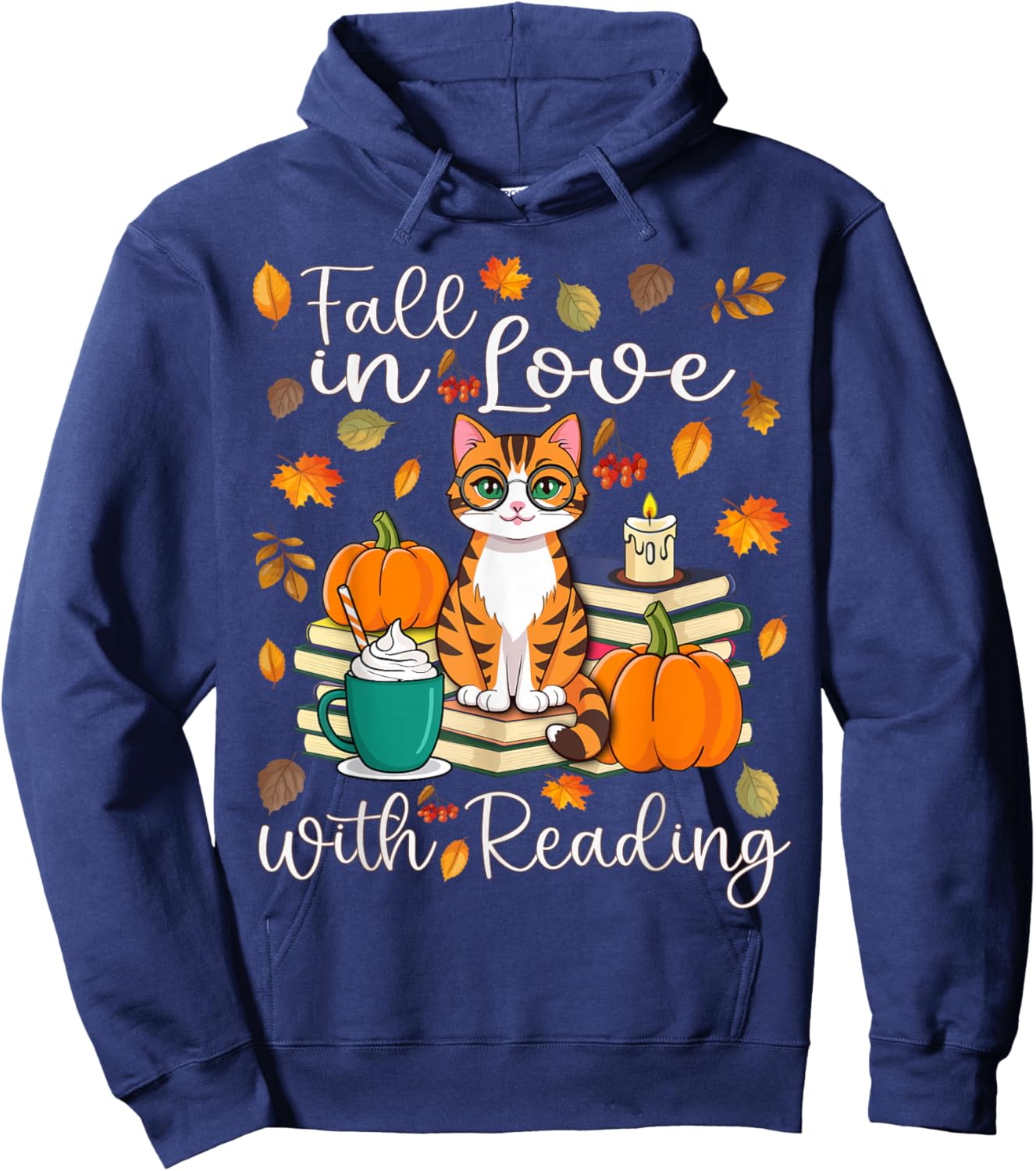 Cat Fall In Love With Reading Book Lover Autumn Hoodie - Hoodie | Navy