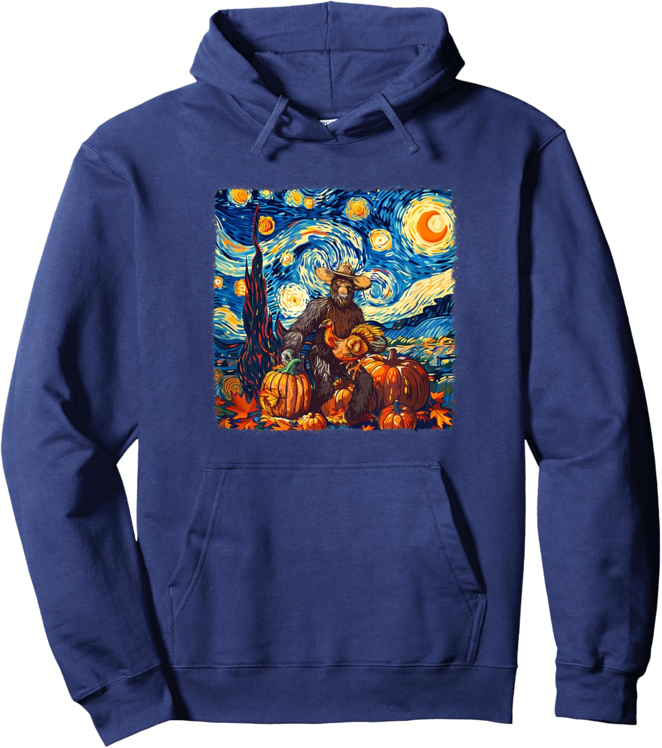 Funny Bigfoot Pilgrim Turkey Pumpkin Thanksgiving Van Gogh Hoodie - Hoodie | Navy