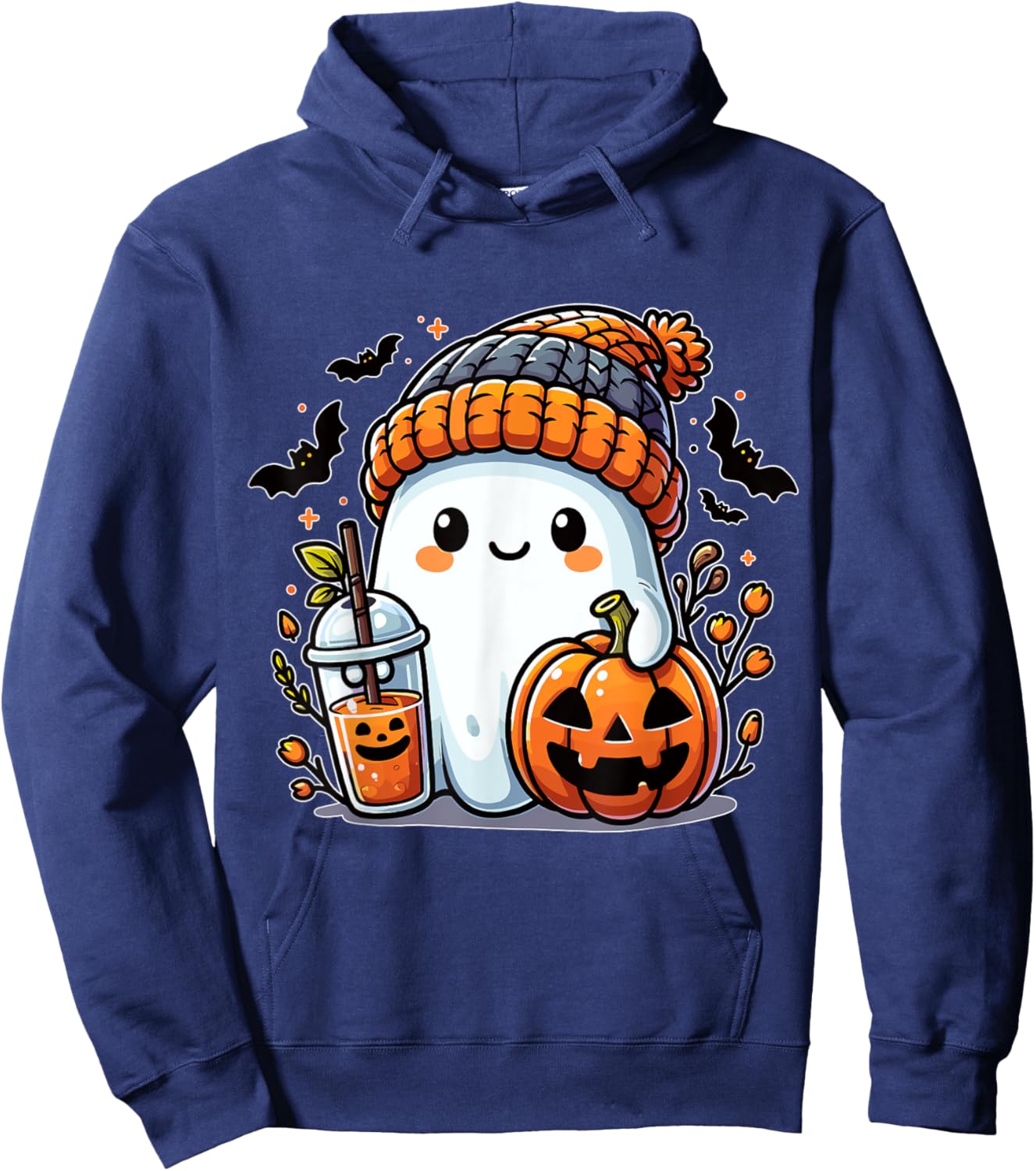 Cute Ghost with Beanie Pumpkin and Coffee Hoodie - Hoodie | Navy