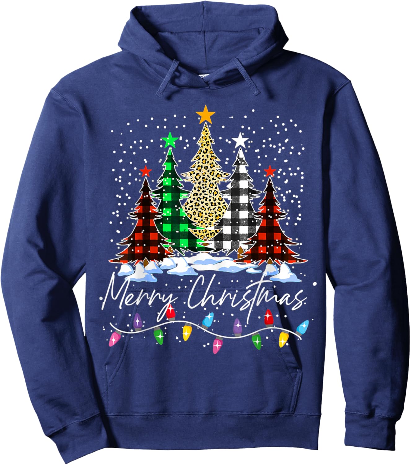 Merry Christmas Trees With Buffalo Red Plaid Leopard Xmas Hoodie - Hoodie | Navy