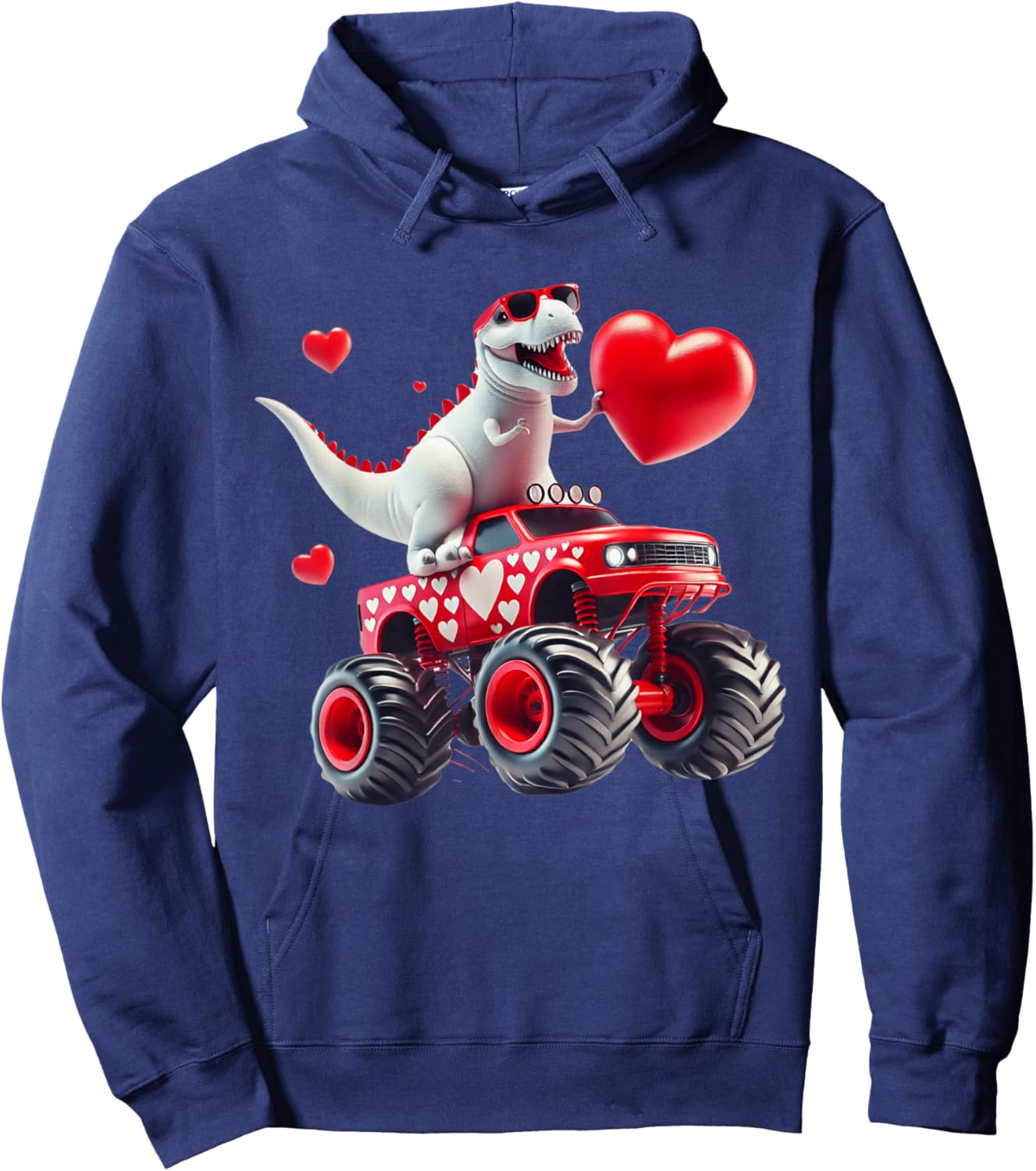 Valentines Day T Rex Riding Monster Truck Funny Toddler Boys Hoodie - Hoodie | Navy