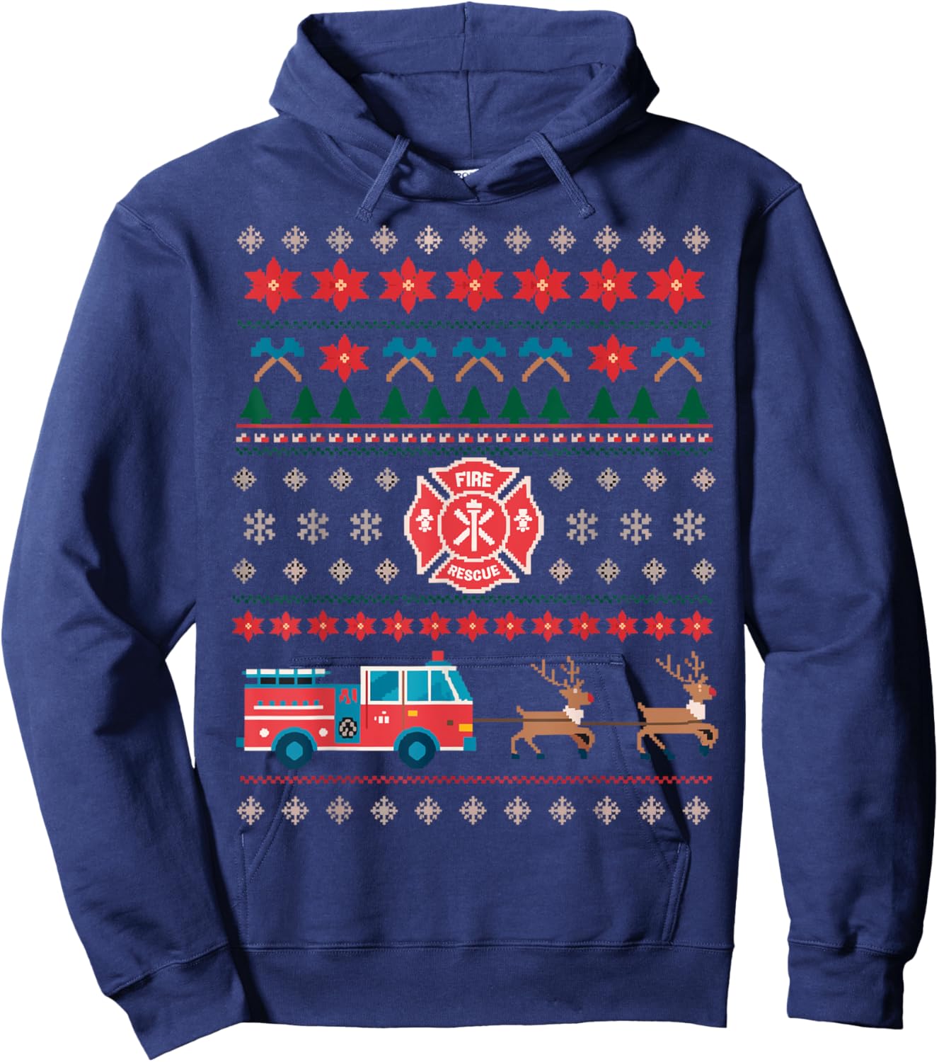 Firefighter Fire Rescue Funny Christmas Ugly Sweater Hoodie - Hoodie | Navy